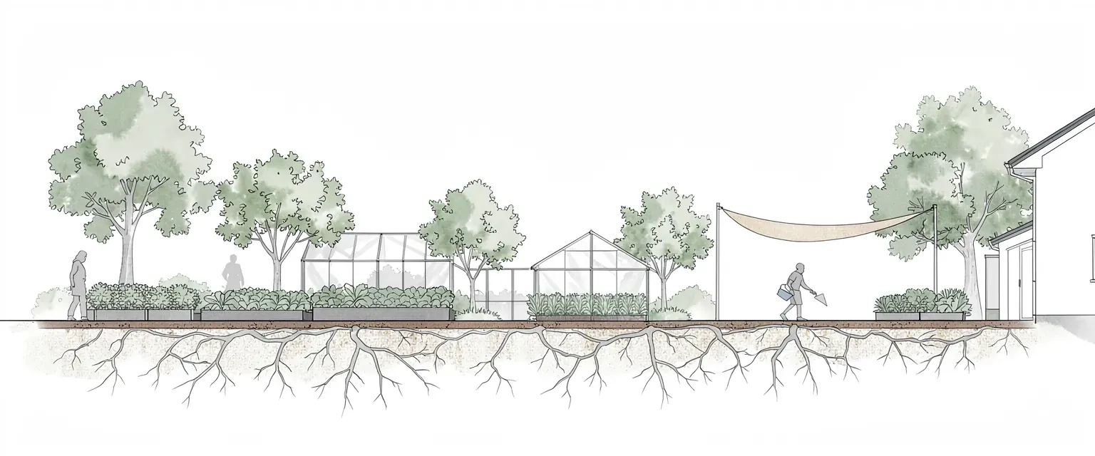 Drawing: a cross-section through an open vegetable garden with a greenhouse, fruit trees and a shade sail over one bed