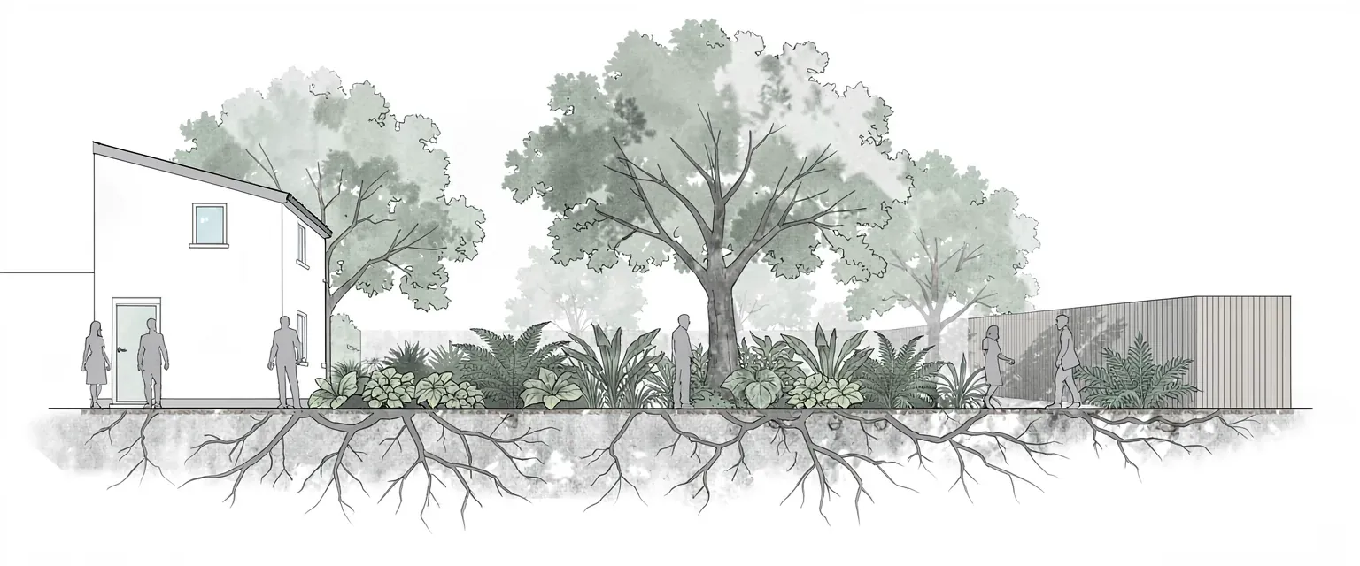 Drawing: a cross-section through a shady garden bed of ferns and leafy plants under a large tree, beside a two-storey house