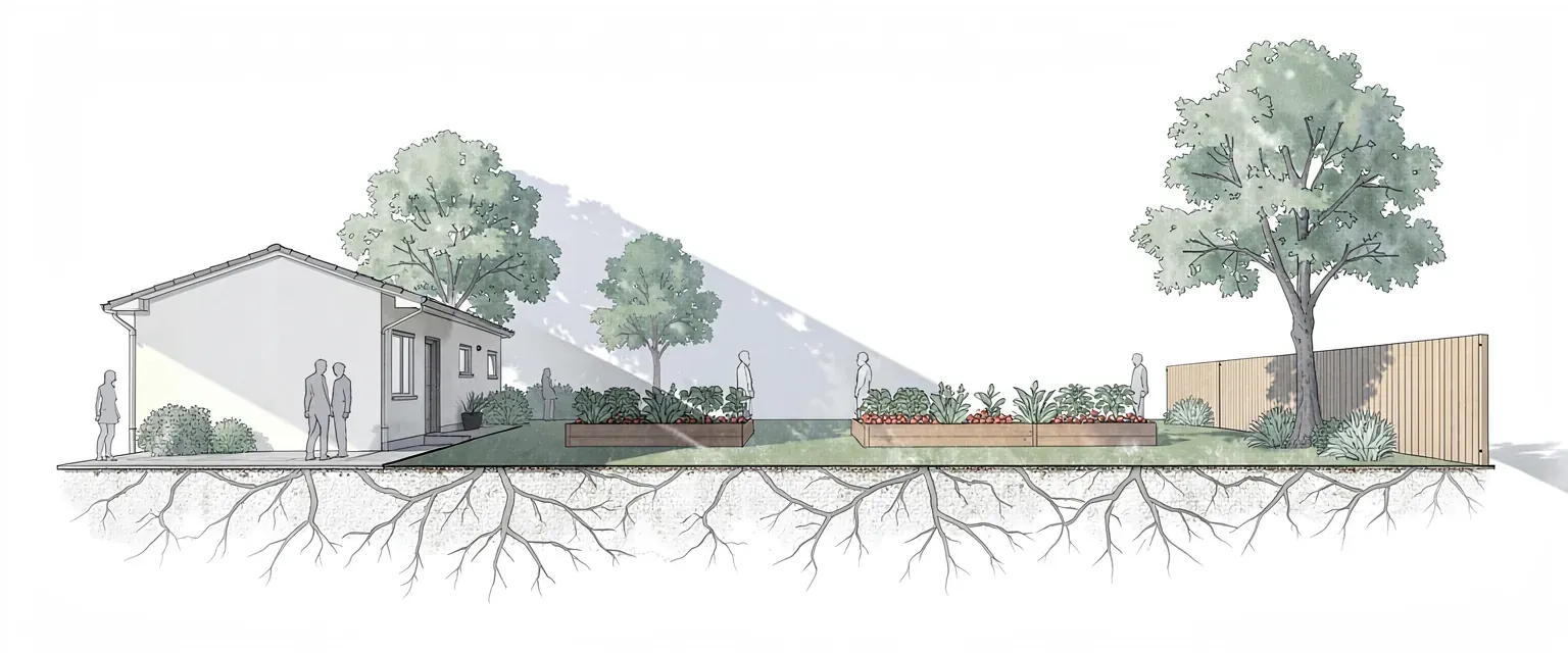 Drawing: a cross-section through a back garden, the low sun casting the house shadow across half the lawn and vegetable beds