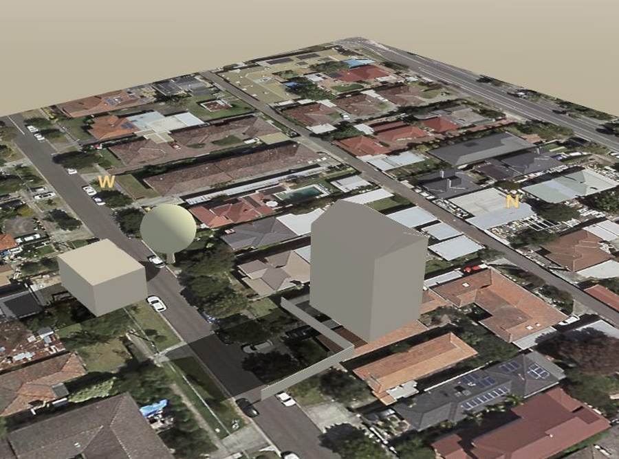 A traced house and its neighbour standing as pale models over an aerial photo, with the neighbour's shadow falling across the roof